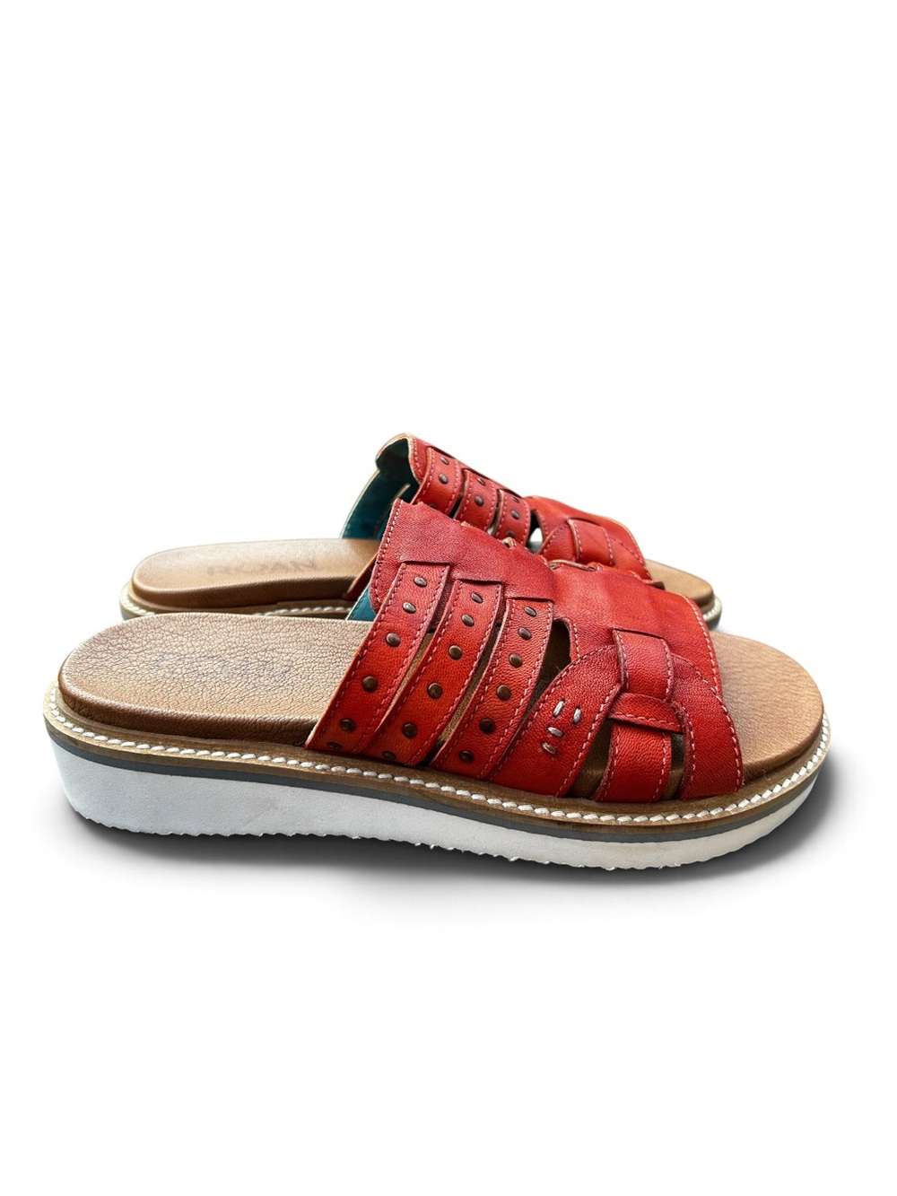 Roan by Bed Stu Pine Leather Platform Slide Sandals – Red – Size 7.5